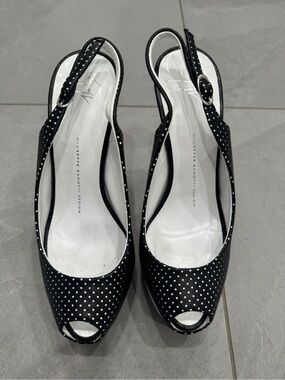 Guiseppe Zanotti Black and White Polka Dot Peep-Toe Slingback Heels